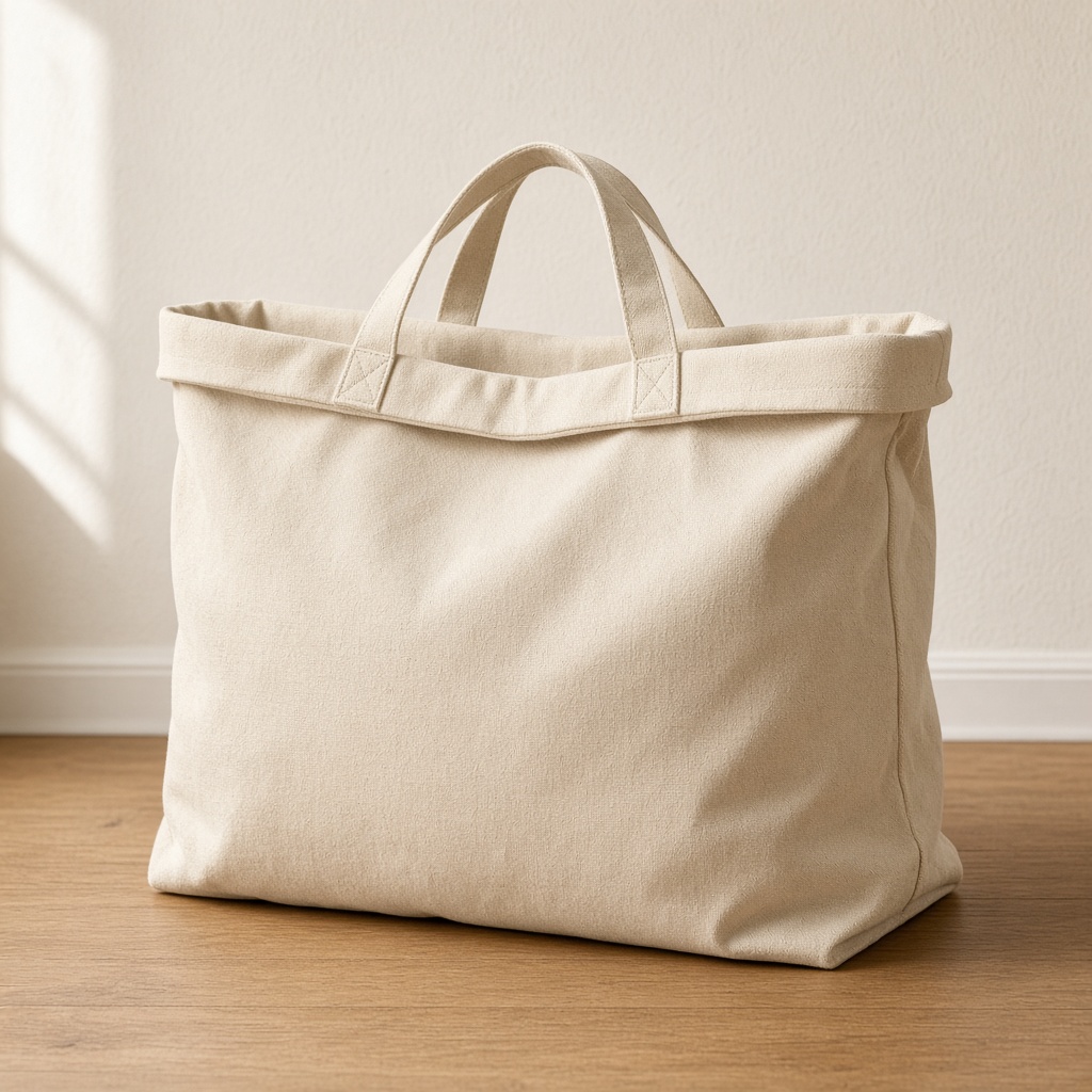 Natural canvas tote on an oak floor