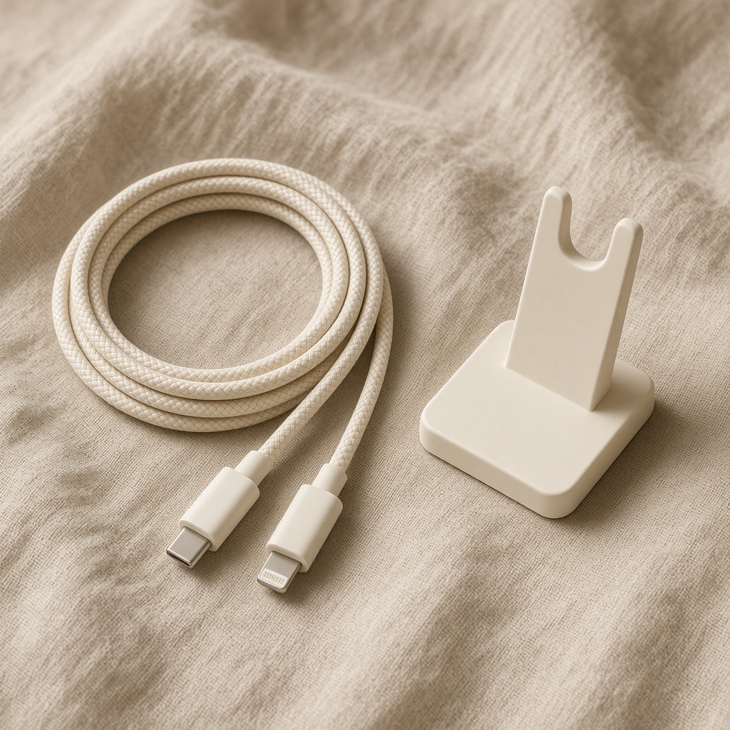 Cream braided cable and phone stand
