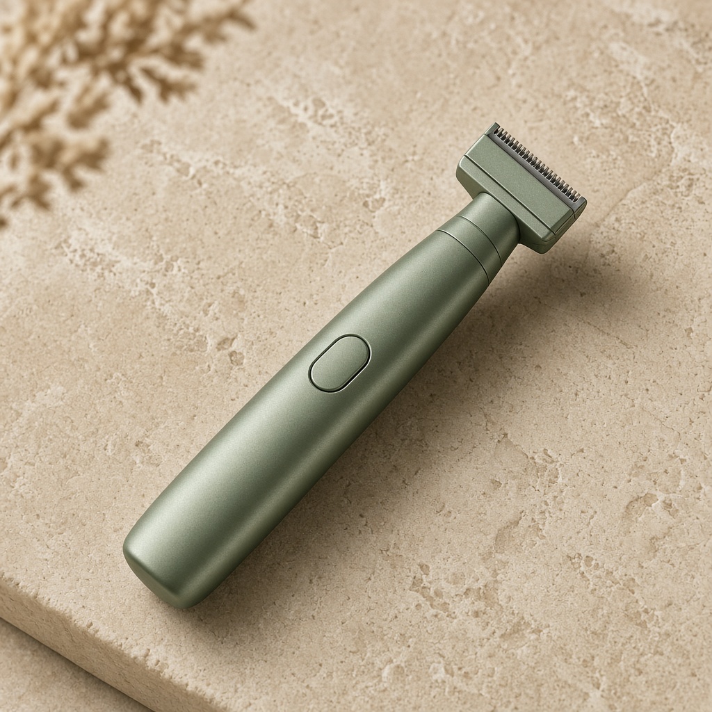 Sage green precision trimmer on stone